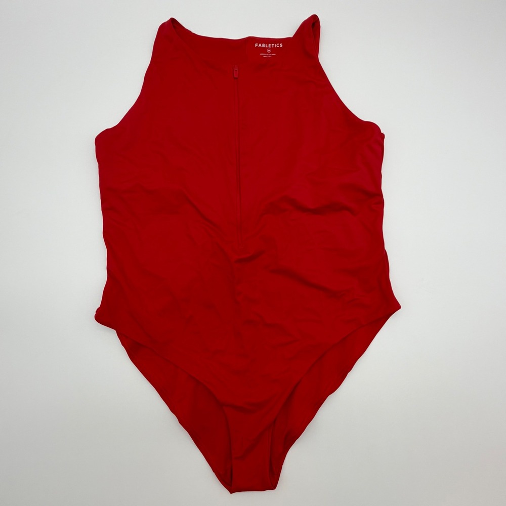 Fabletics Womens Red High Neck Half Zip One Piece Swimsuit Size 2X‎ Athletic